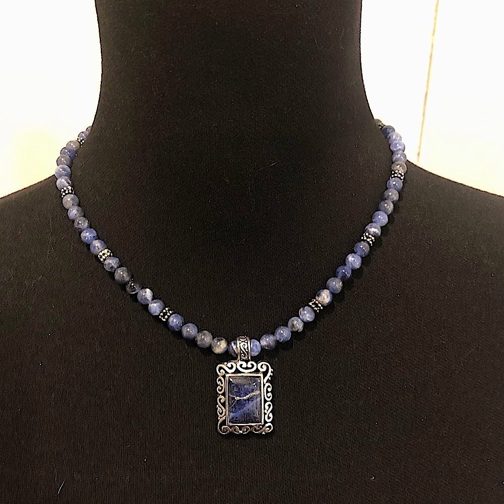 Sodalite Beaded Choker Necklace Lapis Lazuli Sterling Silver Pendant Extension